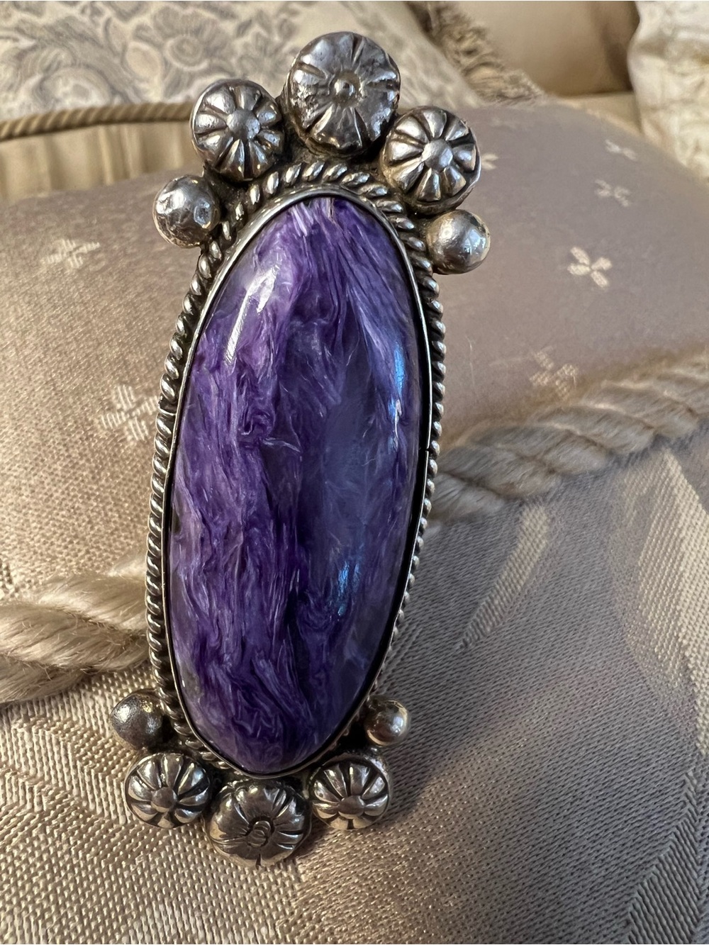 Damian Cotton Navajo Sterling Silver Charoite Statement Ring - Adjustable 31g